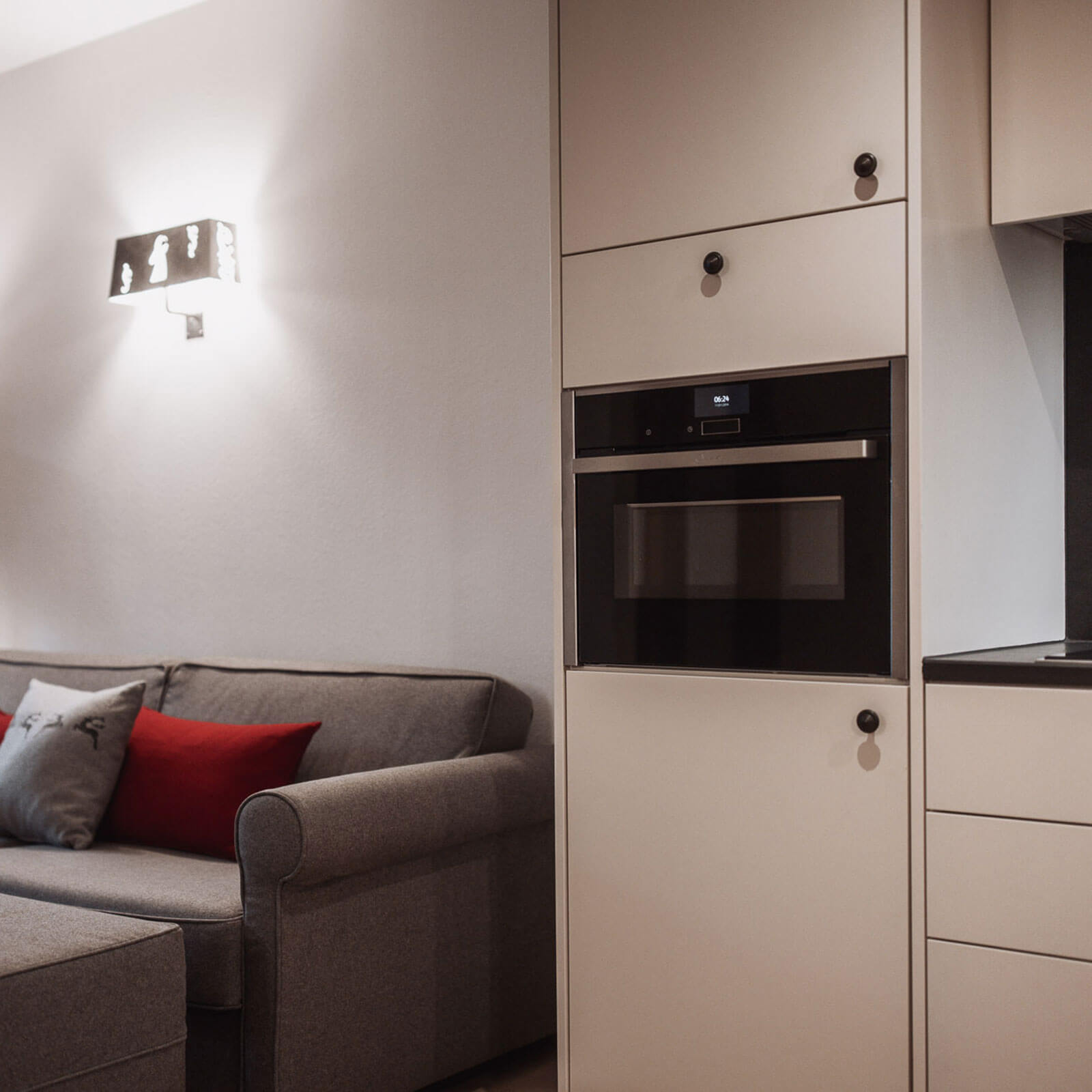 Living and kitchen area of the Irene Garden apartment